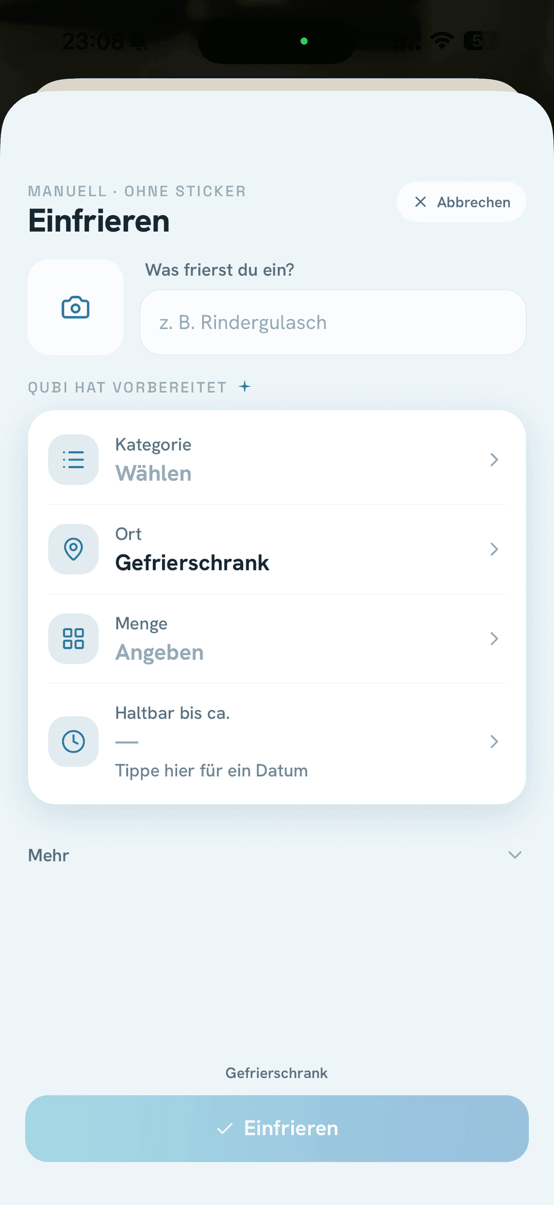 App-Screen: Einfrieren-Formular in der frostigen Farbwelt mit Kategorie-Auswahl