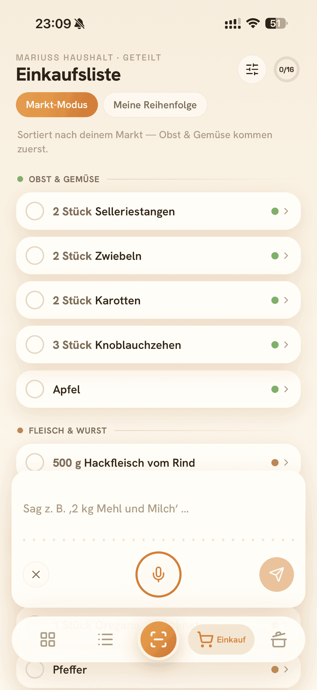 App-Screen: Einkaufsliste im Markt-Modus mit Qubi-Hinweis