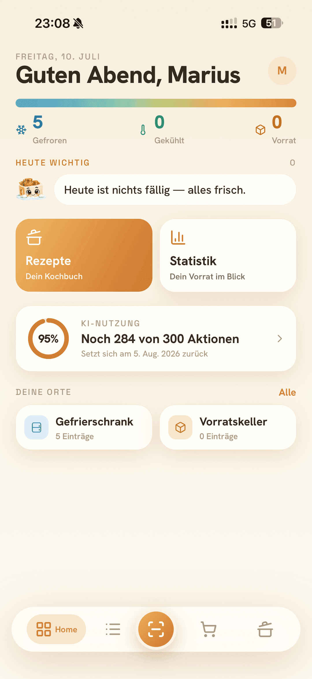 myQubi-Home-Screen mit Vorrats-Zahlen, „Heute wichtig“-Erinnerung und deinen Orten