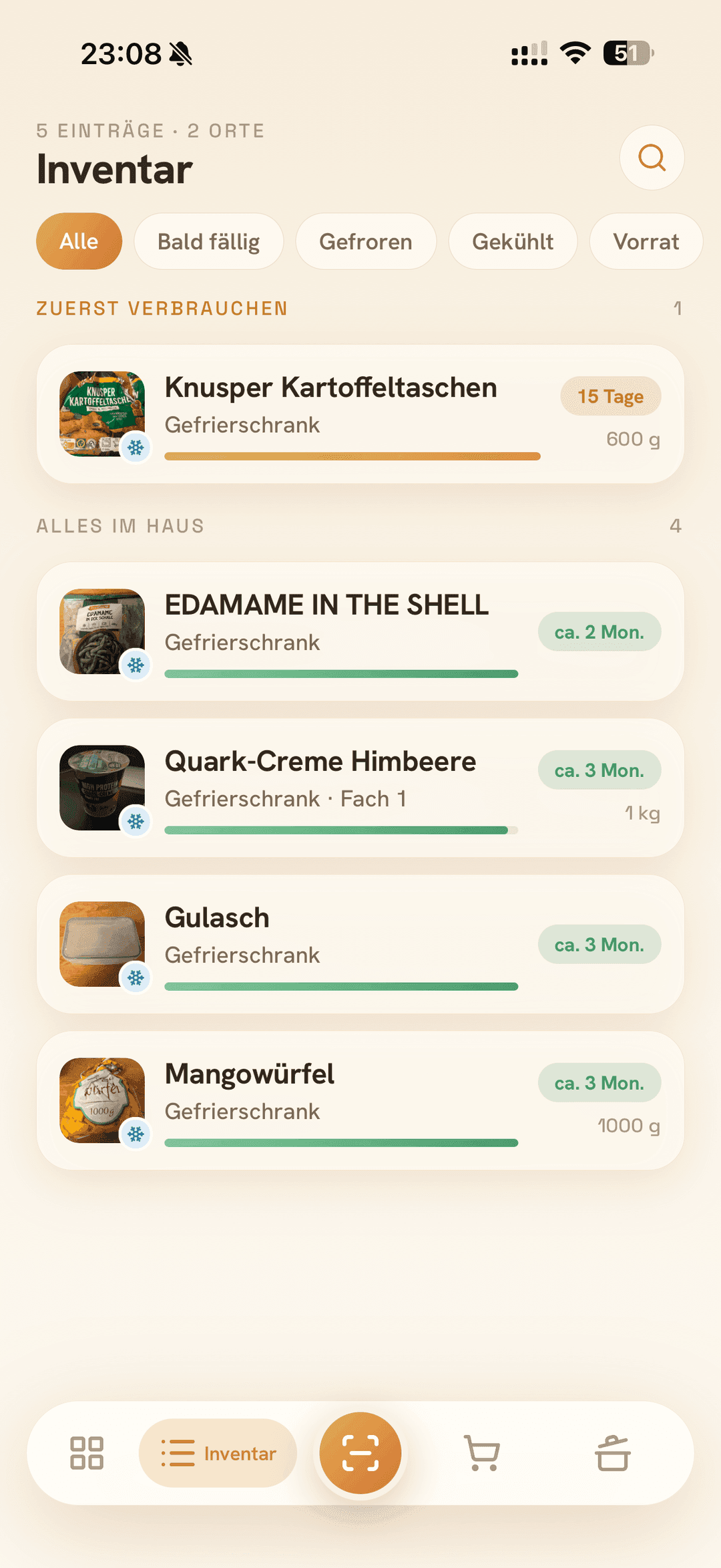 App-Screen: Inventarliste mit Frische-Balken und Restzeit-Angaben pro Eintrag