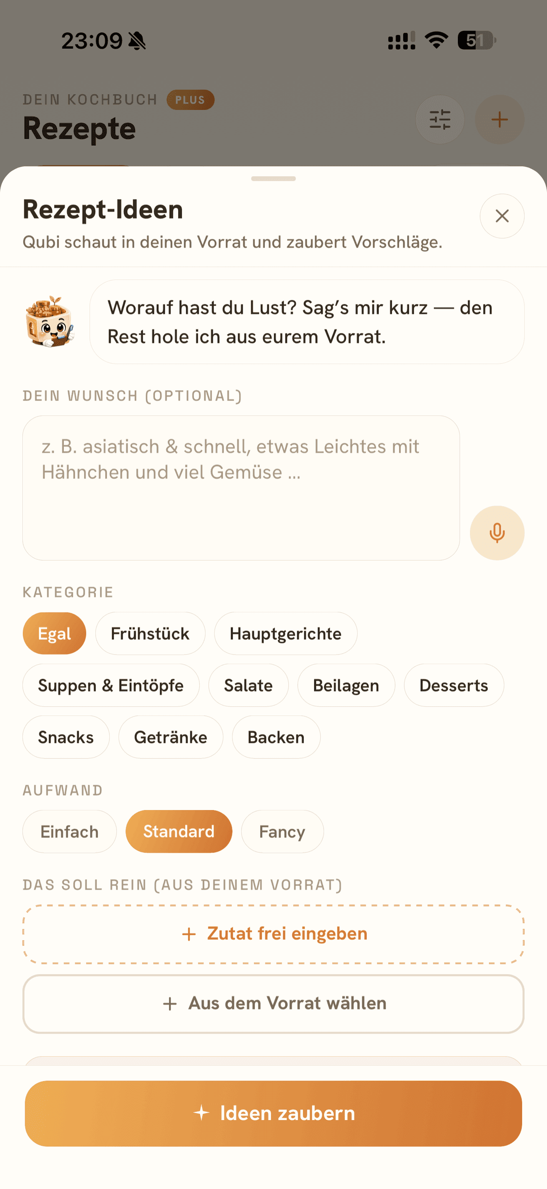 App-Screen: Rezept-Ideen-Dialog mit Wunsch-Feld, Kategorie- und Aufwand-Auswahl, Zutaten aus dem Vorrat und Allergie-Filtern