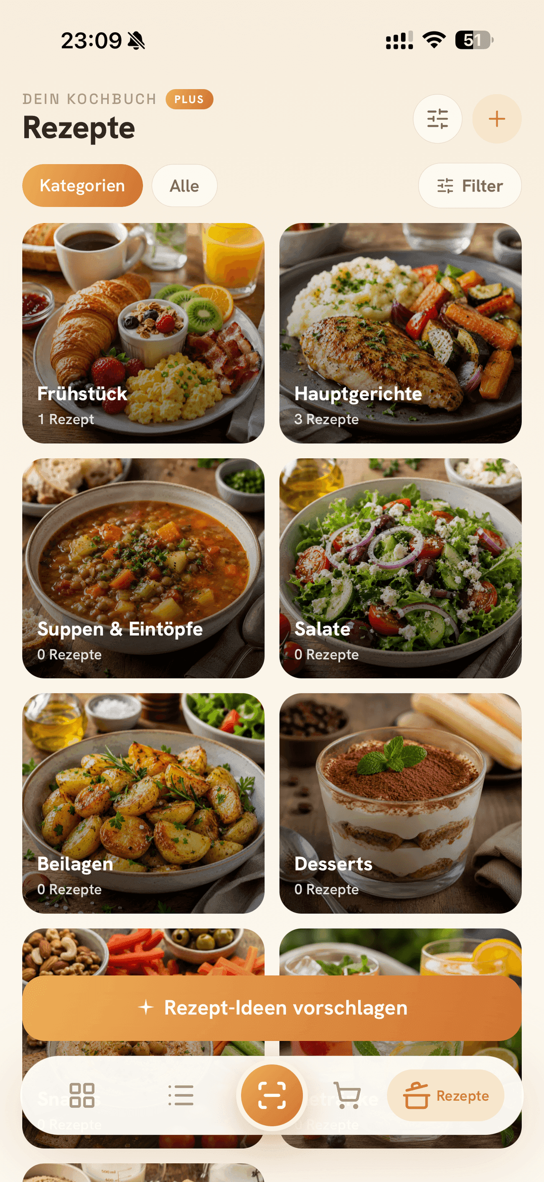 App-Screen: Rezept-Kategorien im Kochbuch mit Food-Foto-Kacheln, z. B. Frühstück, Hauptgerichte und Desserts