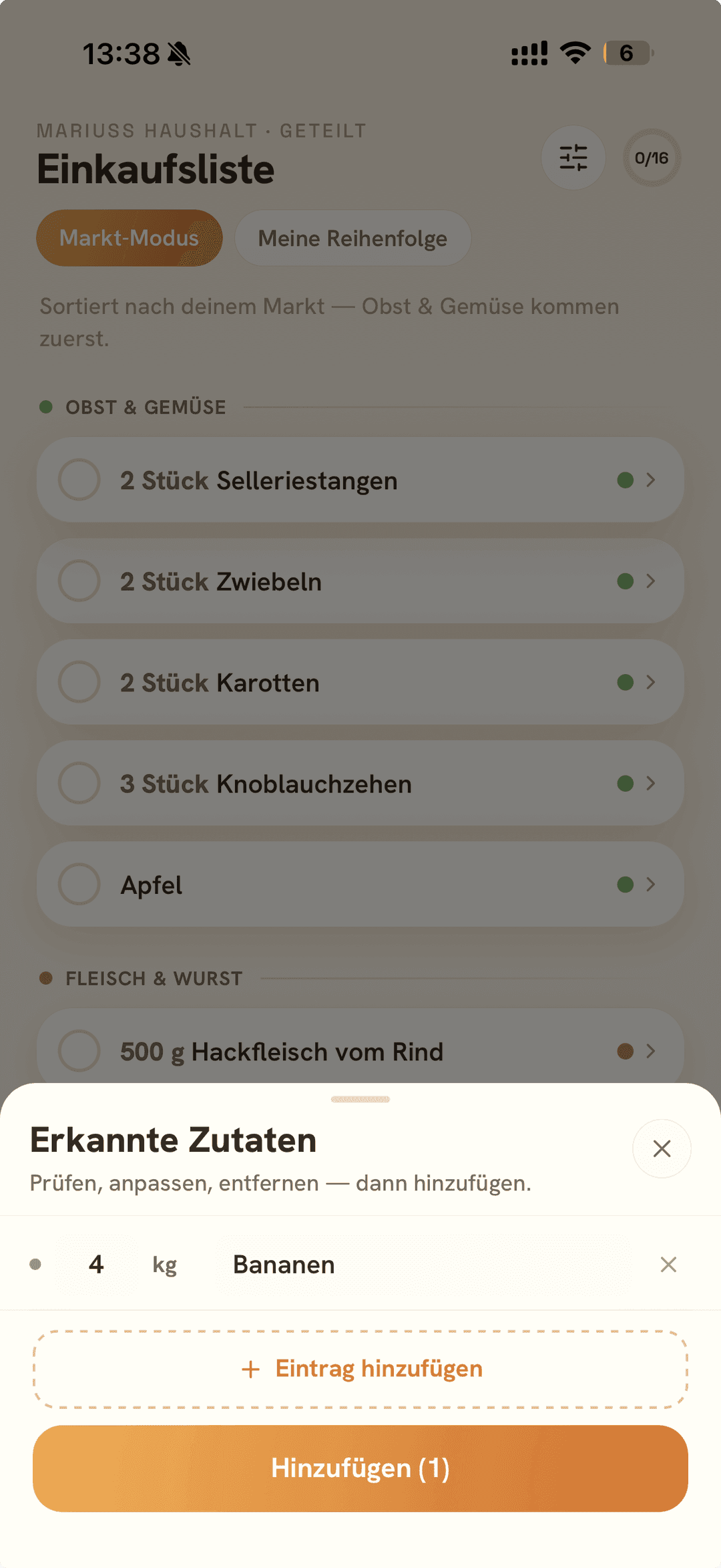 App-Screen: „Erkannte Zutaten“-Sheet der Einkaufsliste mit dem per Sprache erkannten Eintrag „3 kg Kartoffeln“